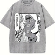 Japanese Anime Tentacle Sleeveless Tank Vintage Washed T-Shirt in Gray