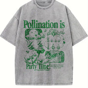 Bee Pollination Retro Insect Flower Vintage Washed T-Shirt in Gray