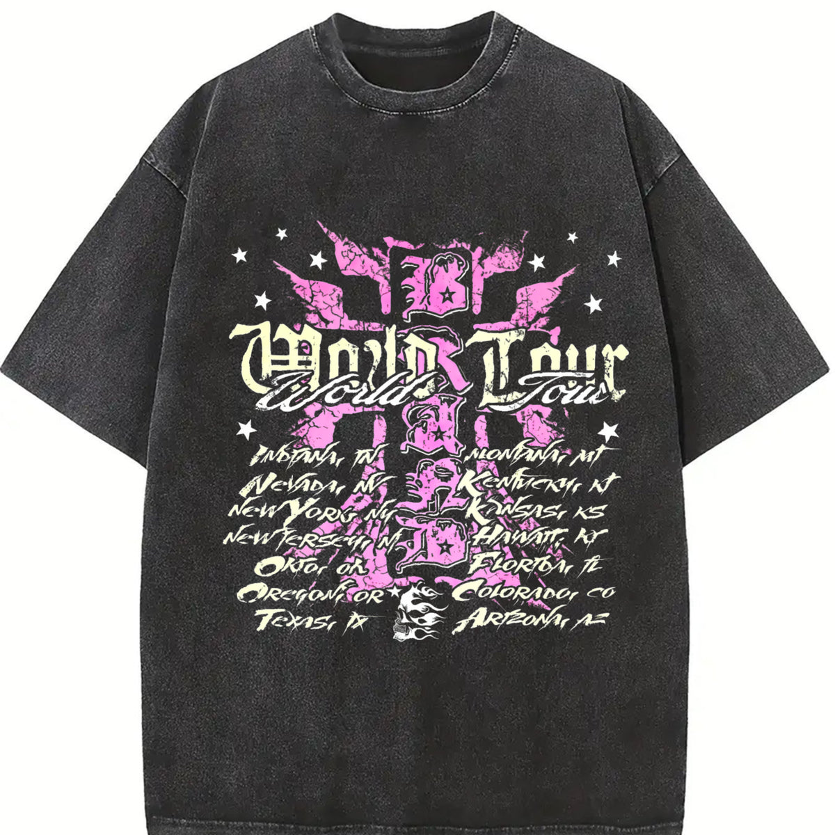 Easelby World Tour Black Grunge Vintage Washed T-Shirt in Black