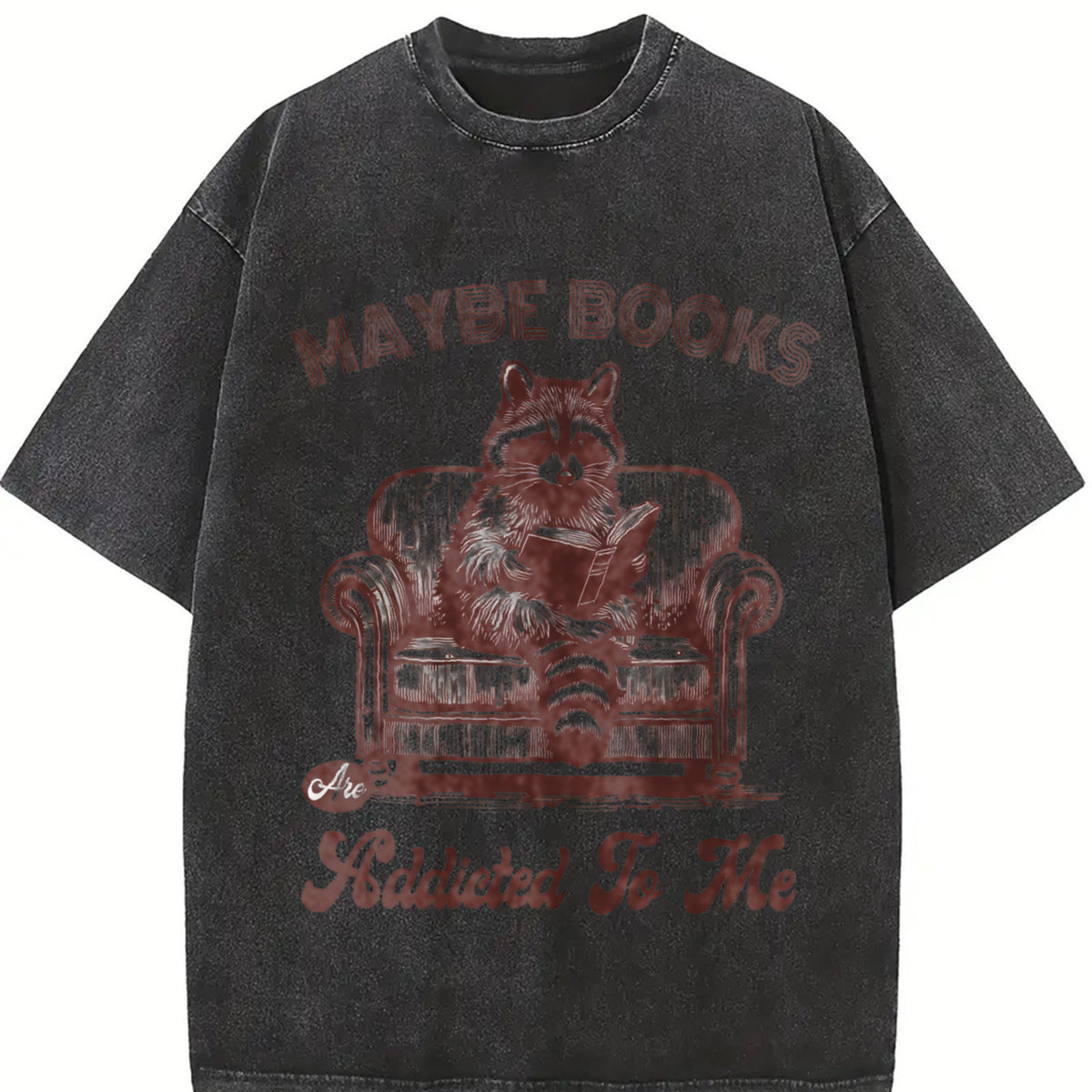 Retro Raccoon Reading Book 90s Vintage Washed T-Shirt in Black