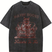 Retro Raccoon Reading Book 90s Vintage Washed T-Shirt in Black