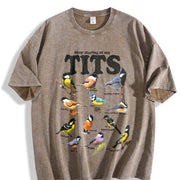 Tit Birds 90s Retro Y2K Birdwatching Vintage Washed T-Shirt in Brown