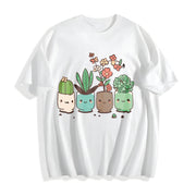 Cute Cartoon Potted Plant Cotton T-Shirt in White