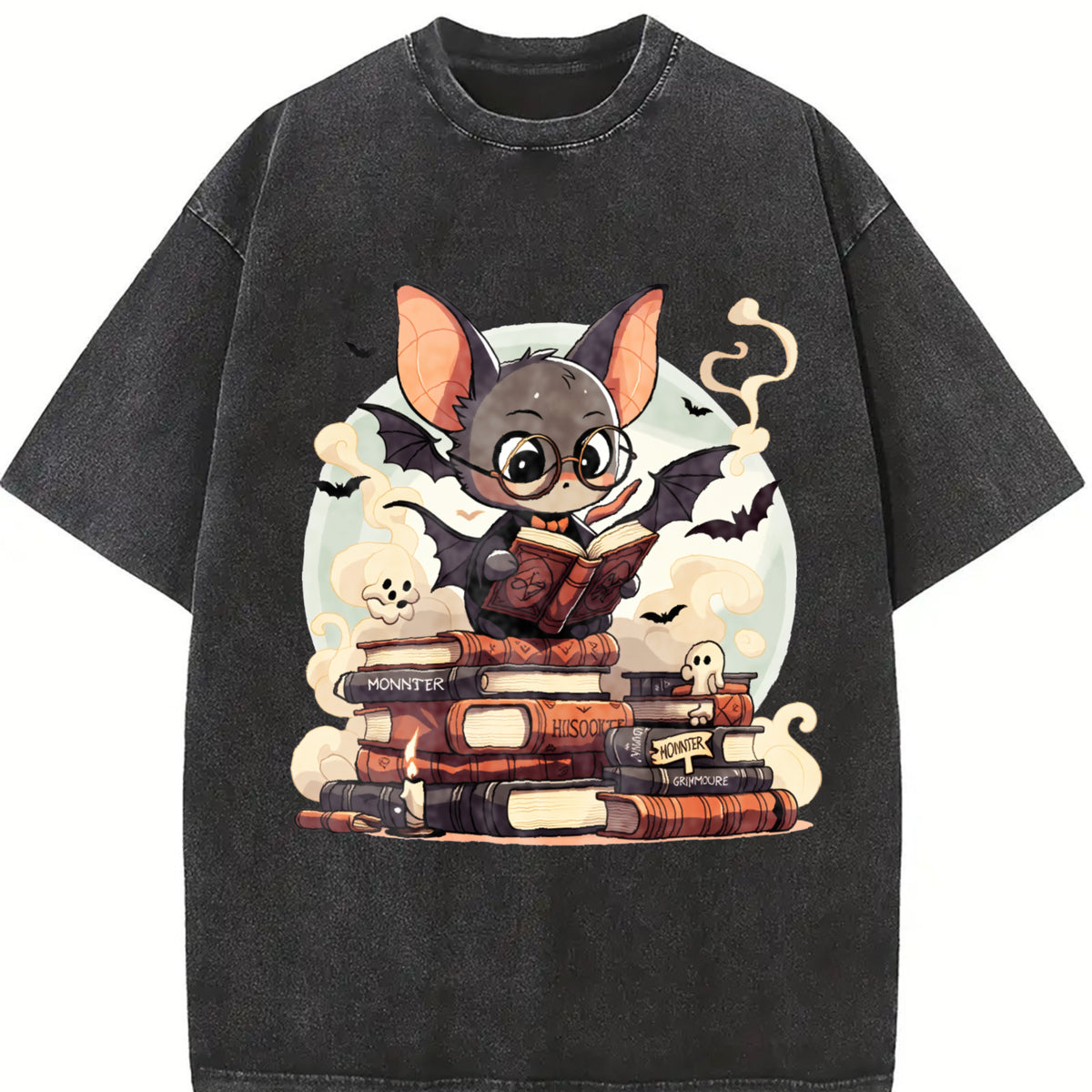 A Playful of a Bespectacled Bat Reading a Magic Book Vintage Washed T-Shirt in Black