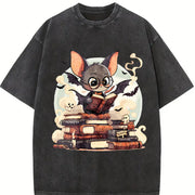 A Playful of a Bespectacled Bat Reading a Magic Book Vintage Washed T-Shirt in Black