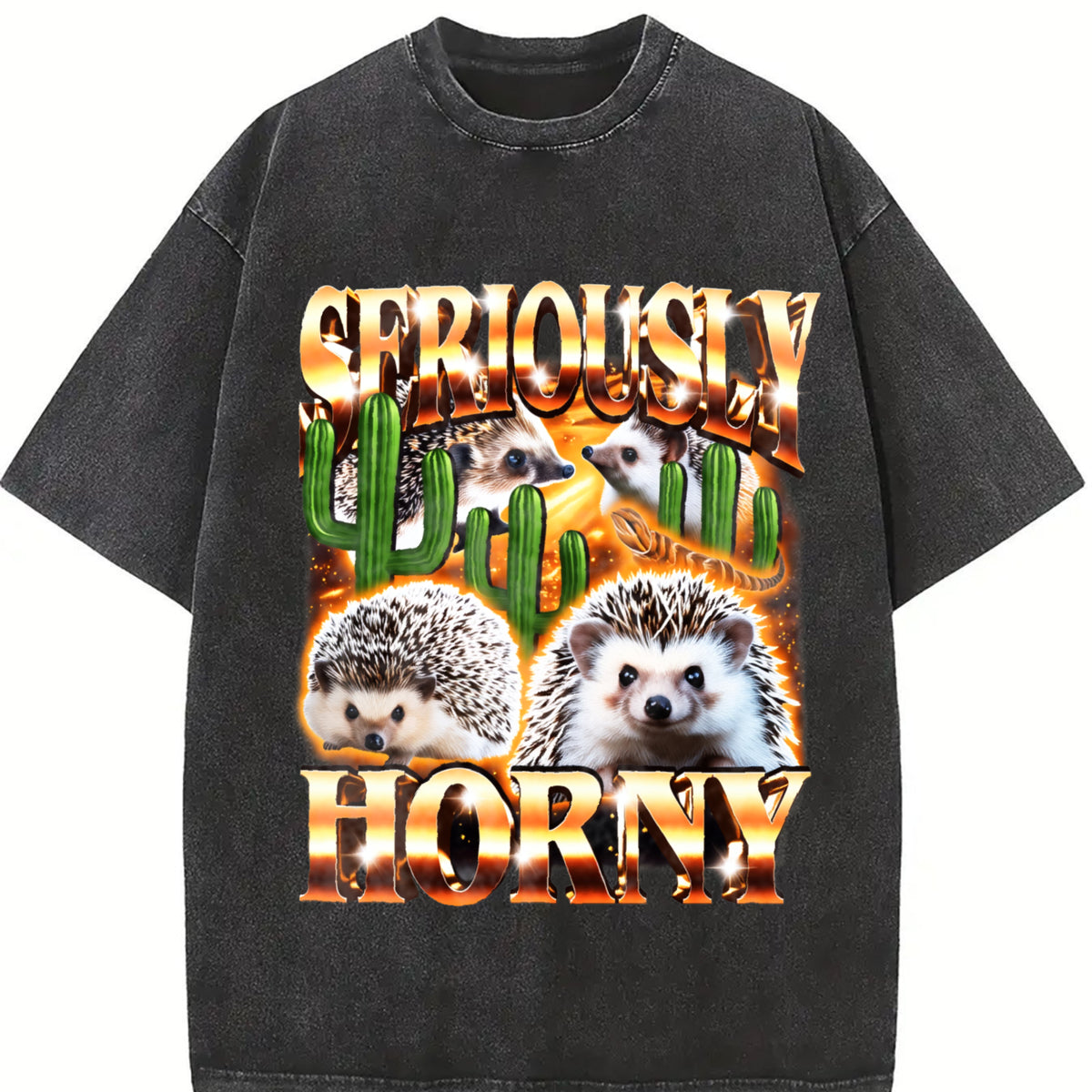 Seriously Horny Offensive Retro Bootleg Vintage Washed T-Shirt in Black