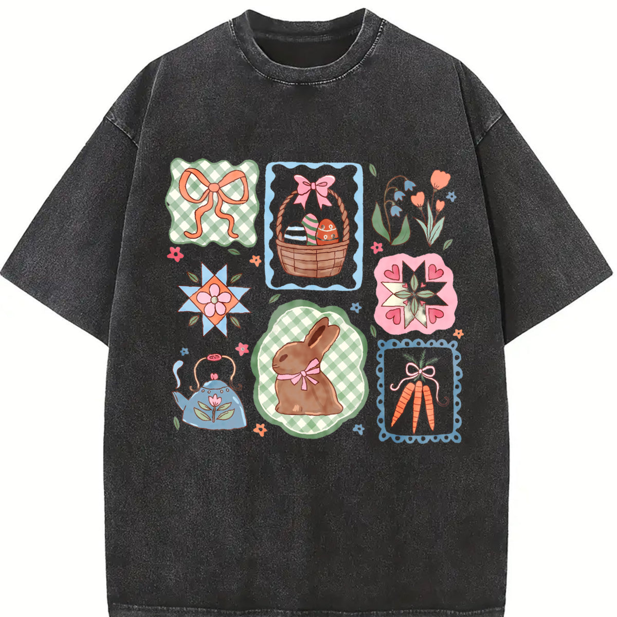 Coquette Easter Bow & Bunny Patchwork vintage washed oversized T-shirt in Black