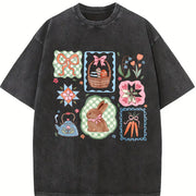 Coquette Easter Bow & Bunny Patchwork vintage washed oversized T-shirt in Black