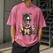 Skull Coffee Peace Sign Vintage Washed T-Shirt in Red