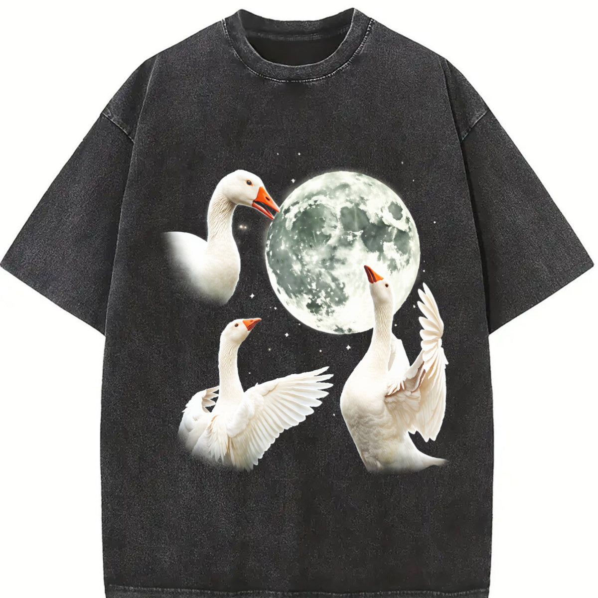 White Goose Howling at Moon 90s Vintage Washed T-Shirt in Black