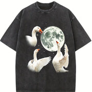 White Goose Howling at Moon 90s Vintage Washed T-Shirt in Black