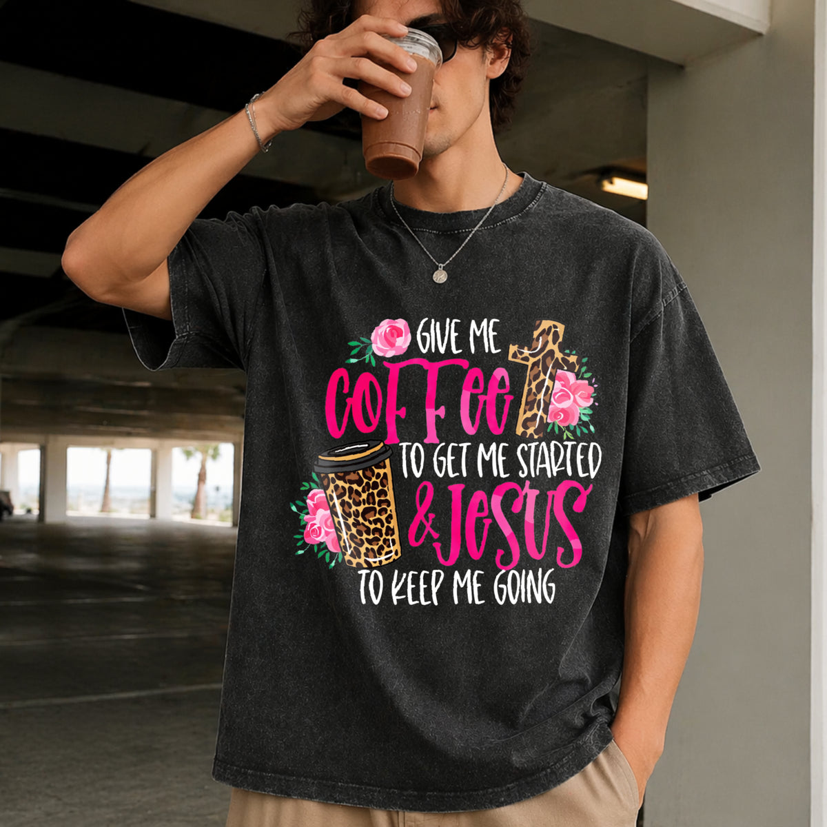 Coffee & Jesus Vintage Washed T-Shirt in Black