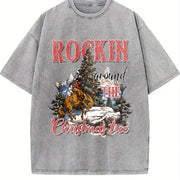 Retro Rocking Around the Christmas Tree Cute Teenager Vintage Washed T-Shirt in Gray