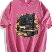 Cat on Book with Autumn Leaves All Seasons Vintage Washed T-Shirt in Red