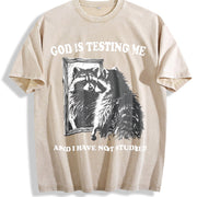 God Is Testing Me Possum Vintage Washed T-Shirt in Beige