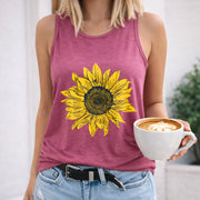 Sunflower on Black Tank Crew-neck Sleeveless Vest Outdoor Women's Color Cotton Tank Top in Red