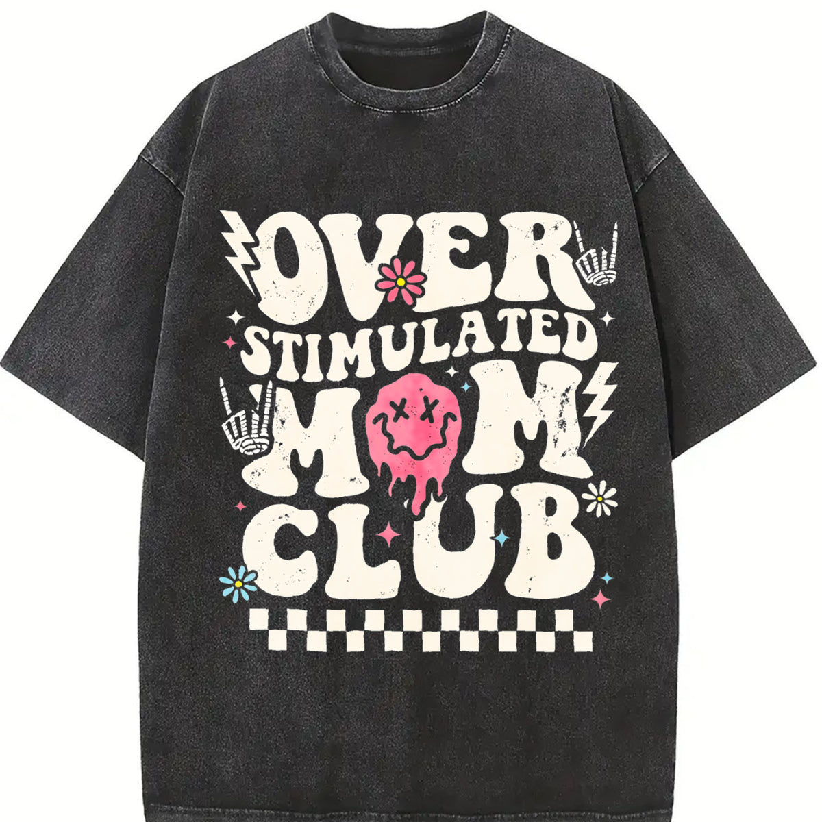 Overstimulated Mom Club Distressed Vintage Washed T-Shirt in Black