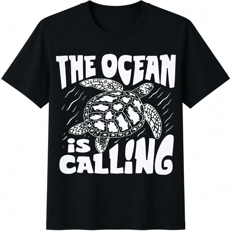 The Ocean Is Calling Turtle Cotton T-Shirt in Black
