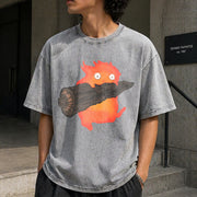 Calcifer's Howl's Moving Castle Vintage Washed T-Shirt in Gray