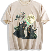 Triceratops Howling to Moon 90s Vintage Washed T-Shirt in Beige