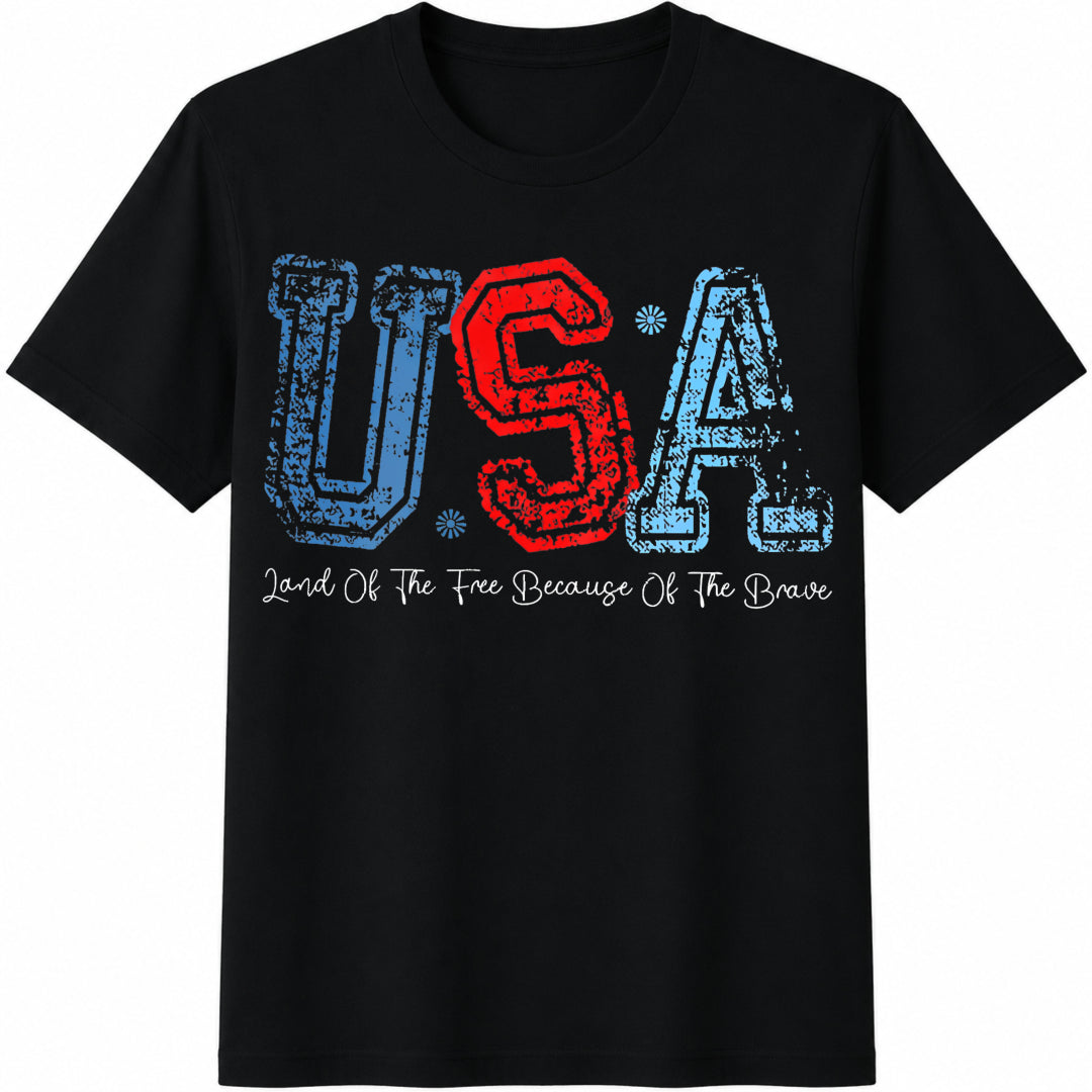 USA Patriotic Land of the Free Because of the Brave Cotton T-Shirt in Black
