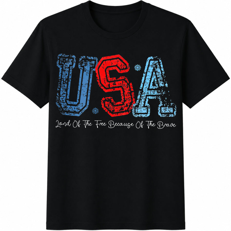 USA Patriotic Land of the Free Because of the Brave Cotton T-Shirt in Black