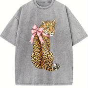 Pink Leopard with Bow Vintage Washed T-Shirt in Gray