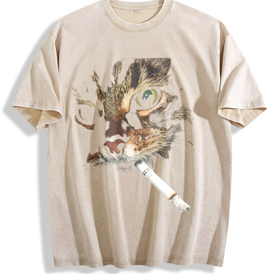 Smoking Cat Halloween vintage washed oversized T-shirt in Beige