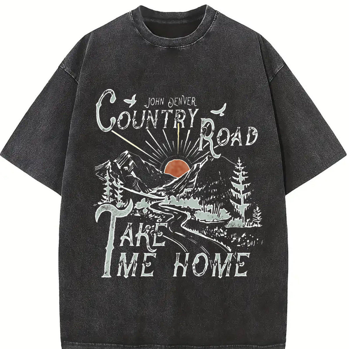 Country Roads Take Me Home Mountain Scene vintage washed oversized T-shirt in Black