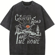 Country Roads Take Me Home Mountain Scene vintage washed oversized T-shirt in Black