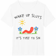 Wake Up Sluts Animal Meme Sarcastic Cursed Unhinged Humor Cotton T-Shirt in White