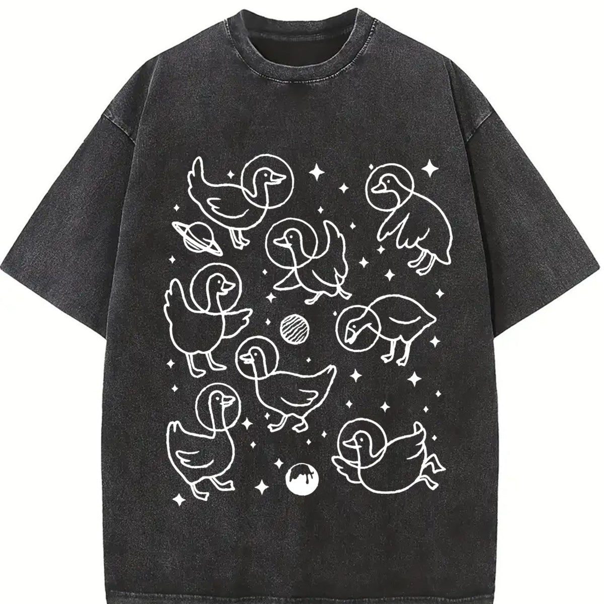 Retro Geese in Space 90s Vintage Washed T-Shirt in Black