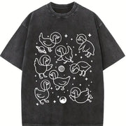 Retro Geese in Space 90s Vintage Washed T-Shirt in Black