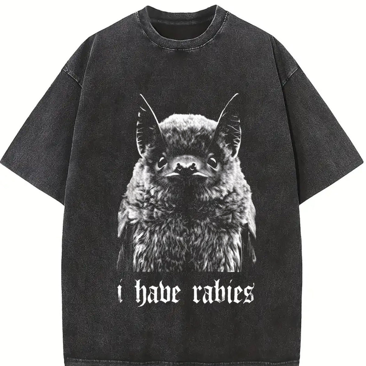 I Have Rabies Bat Grunge Y2k Unhinged Meme vintage washed oversized T-shirt in Black