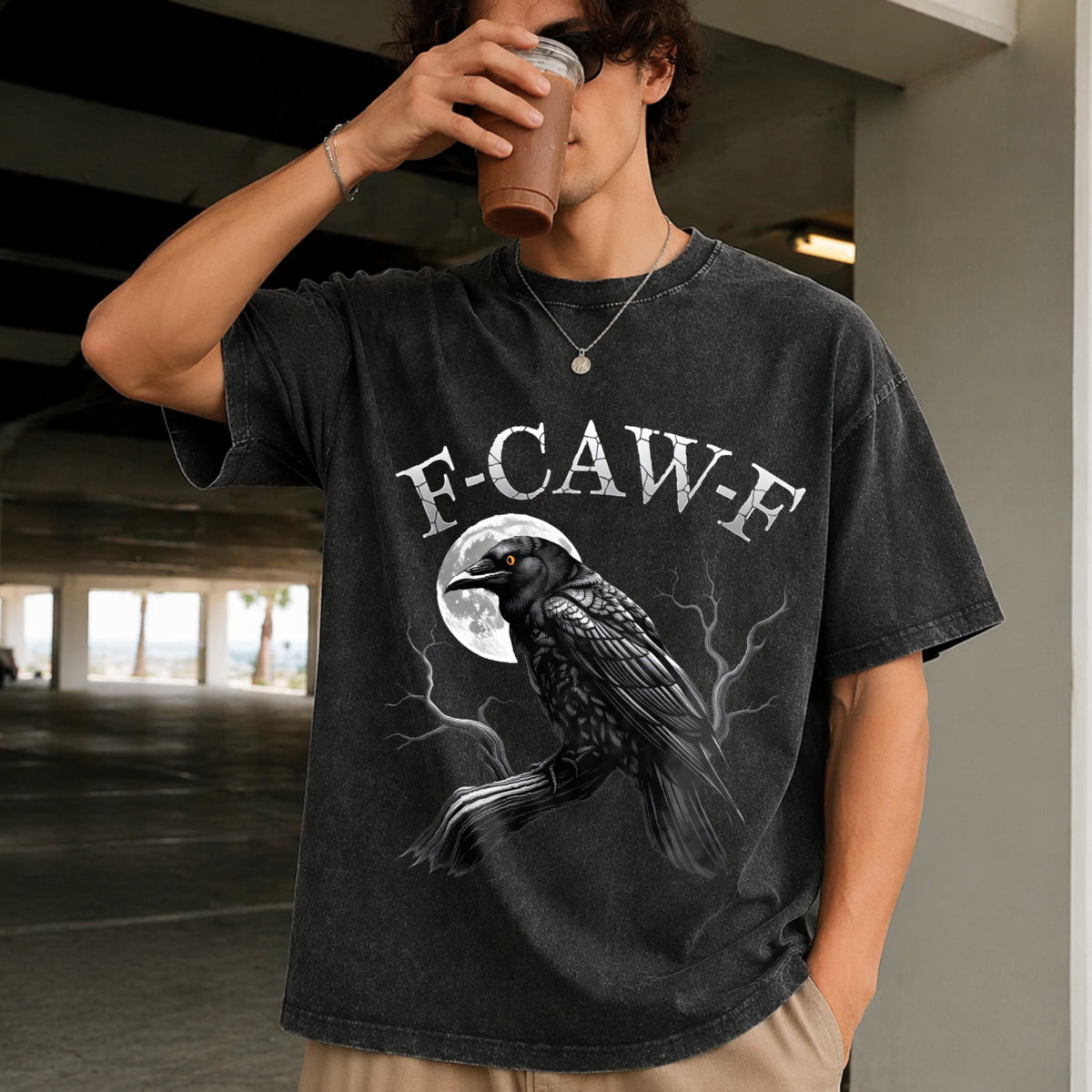 Black Crow F-caw-f Black Bird Moon Gothic Adult Humor Vintage Washed T-Shirt in Black