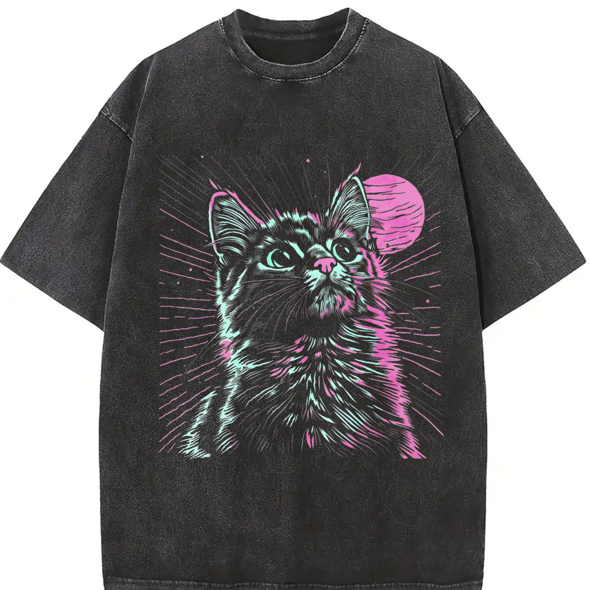 230gsm Blockbuster 80s Psychedelic Cat Vintage Washed T-Shirt in Black