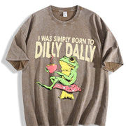 Frog on Mushroom Born to Dilly Dally Meme Vintage Washed T-Shirt in Brown