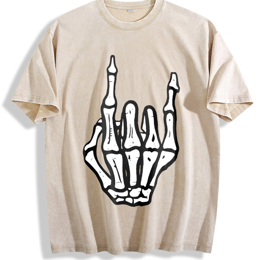 Punk Rock Skeleton Cool Rocker Halloween Boys vintage washed oversized T-shirt in Beige