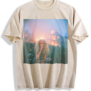 Glam Doll with a Fire Background Vintage Washed T-Shirt in Beige