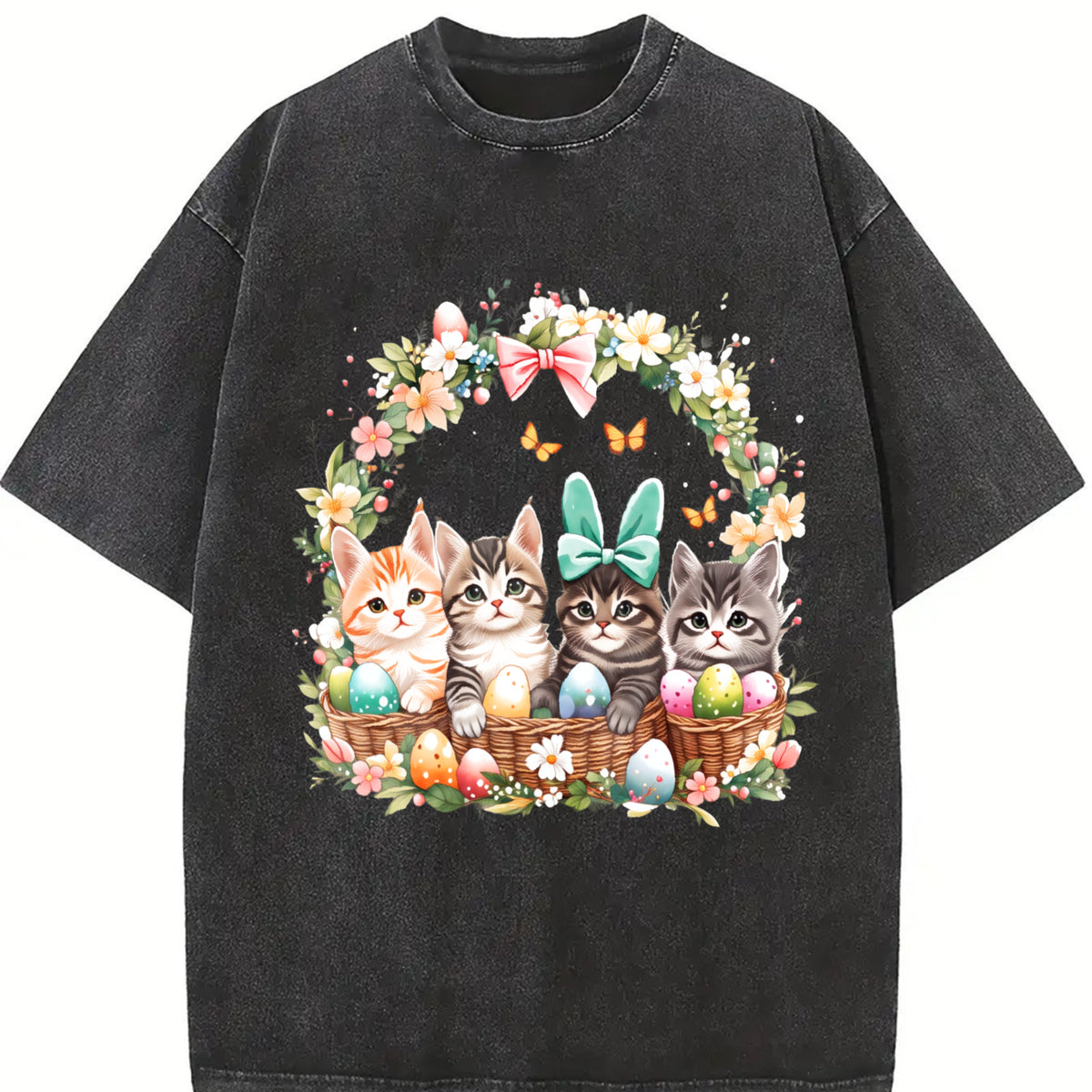 Ladies' Cat in Easter Basket Vintage Washed T-Shirt in Black