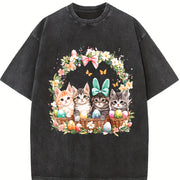 Ladies' Cat in Easter Basket Vintage Washed T-Shirt in Black