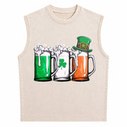 Irish Beer Ireland Flag St Patricks Day Leprechaun Small Vintage Washed Tank Top in Beige