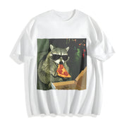 Raccoon Eating Pizza Cotton T-Shirt in White