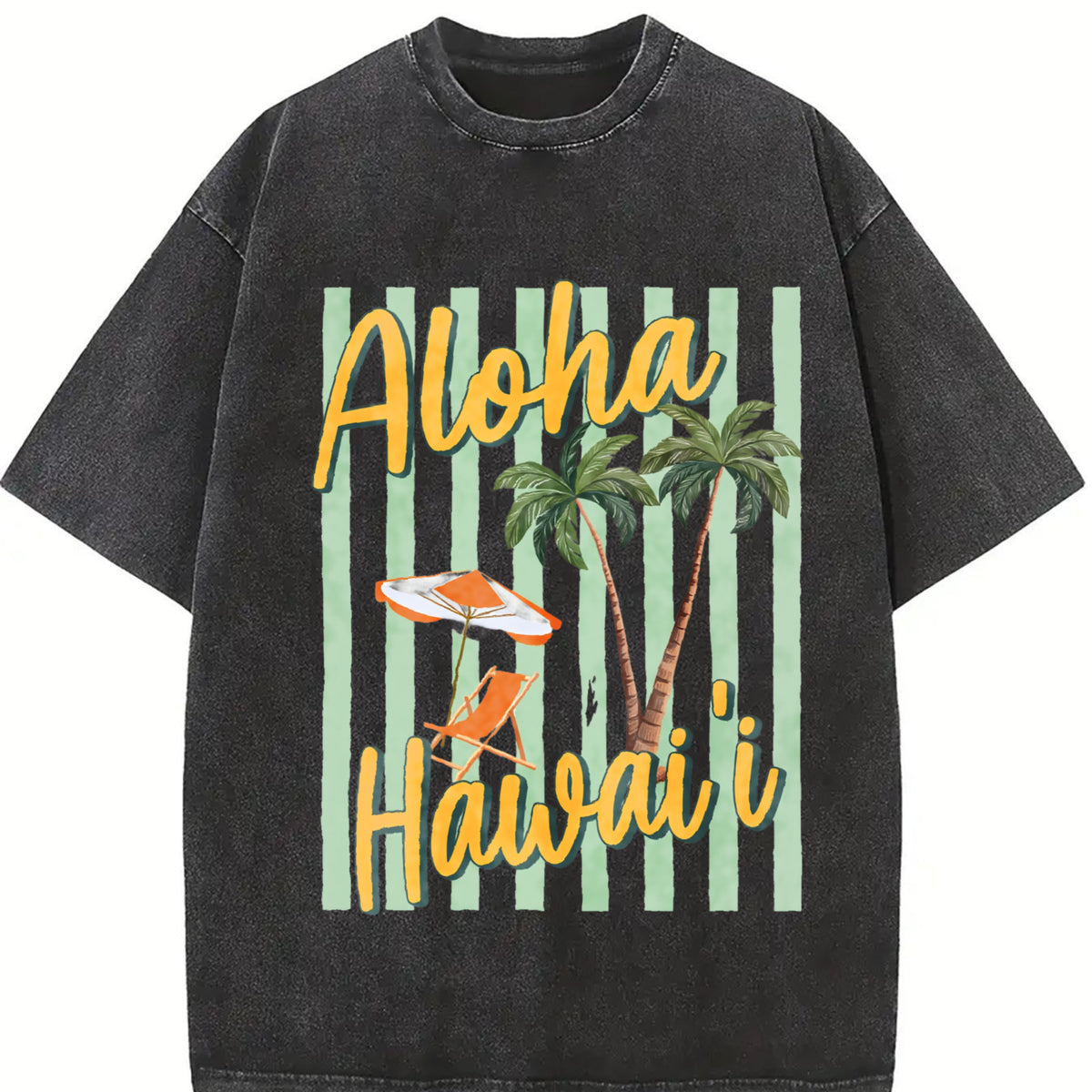 Aloha Hawaii Tropical Beach Retro Vintage Washed T-Shirt in Black