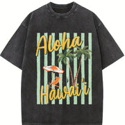 Aloha Hawaii Tropical Beach Retro Vintage Washed T-Shirt in Black
