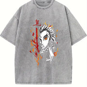 Demon Slayer Kyojuro Rengoku Anime Vintage Washed T-Shirt in Gray