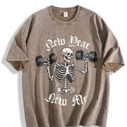 New Year New Me Skeleton Weights Vintage Washed T-Shirt in Brown
