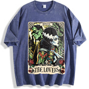 The Monster Frankenstein And Bride The Lovers Tarot Card vintage washed oversized T-shirt in Blue