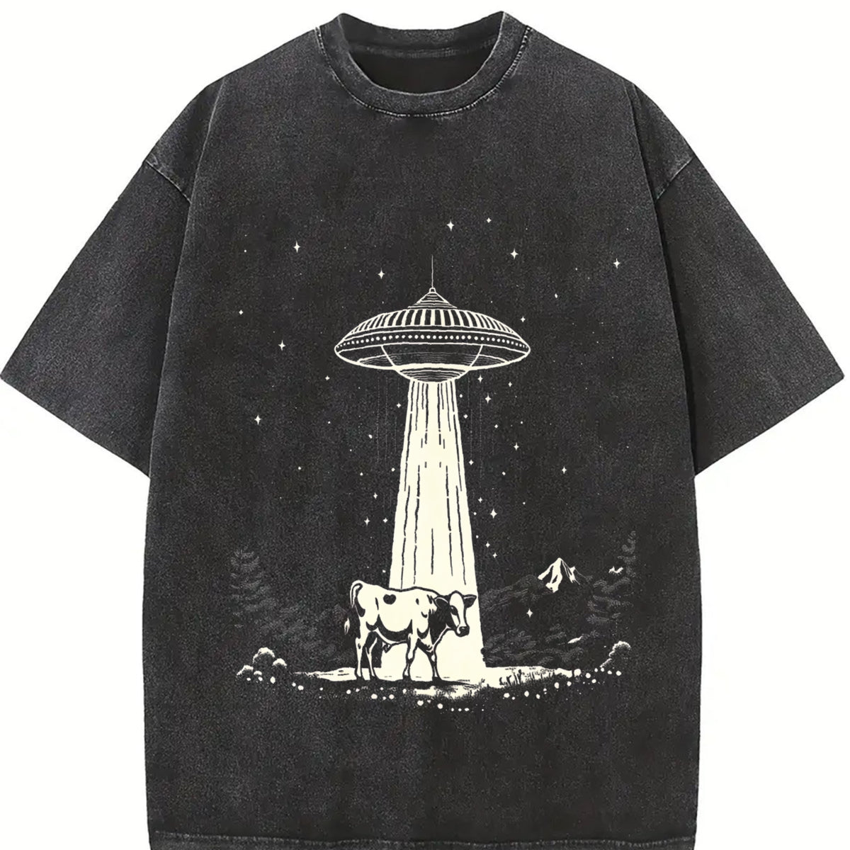 Retro Cow and Western UFO 90s Vintage Washed T-Shirt in Black
