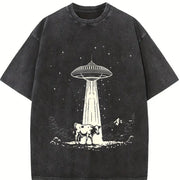 Retro Cow and Western UFO 90s Vintage Washed T-Shirt in Black